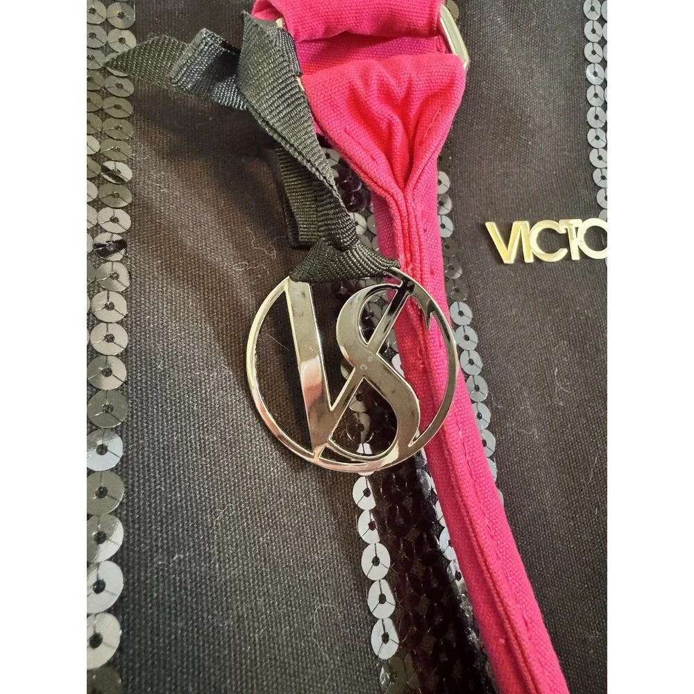 Victoria's Secret Black Hot Pink Sequin Tote Large Weekender Zip Shoulder Bag ~
